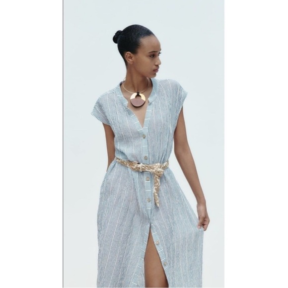 Zara striped midi Dress Size Large Missing belt NWT - Picture 1 of 10